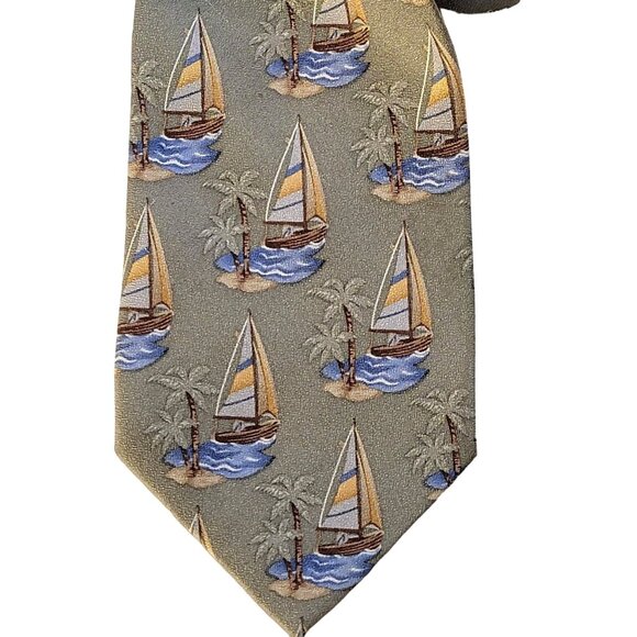 Tango Mens Coastal Silk Tie Sailboat Palm Tree Nautical Neutral Beach Long - Picture 1 of 8